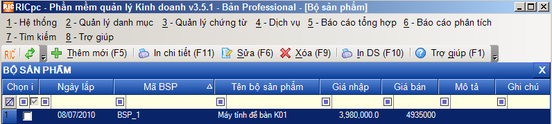 danh mục bộ sản phẩm