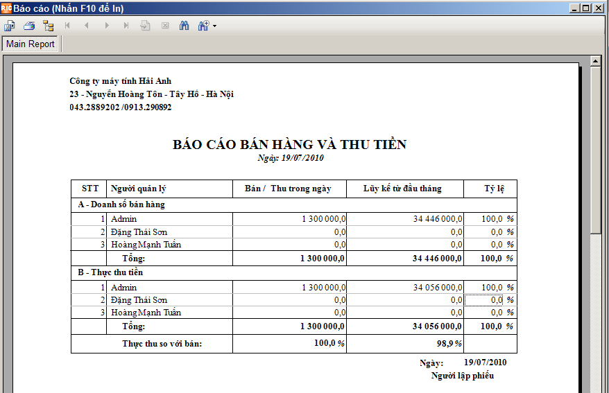 báo cáo bán hàng và thu tiền theo ngày
