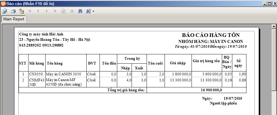 báo cáo hàng tồn theo từng nhóm hàng