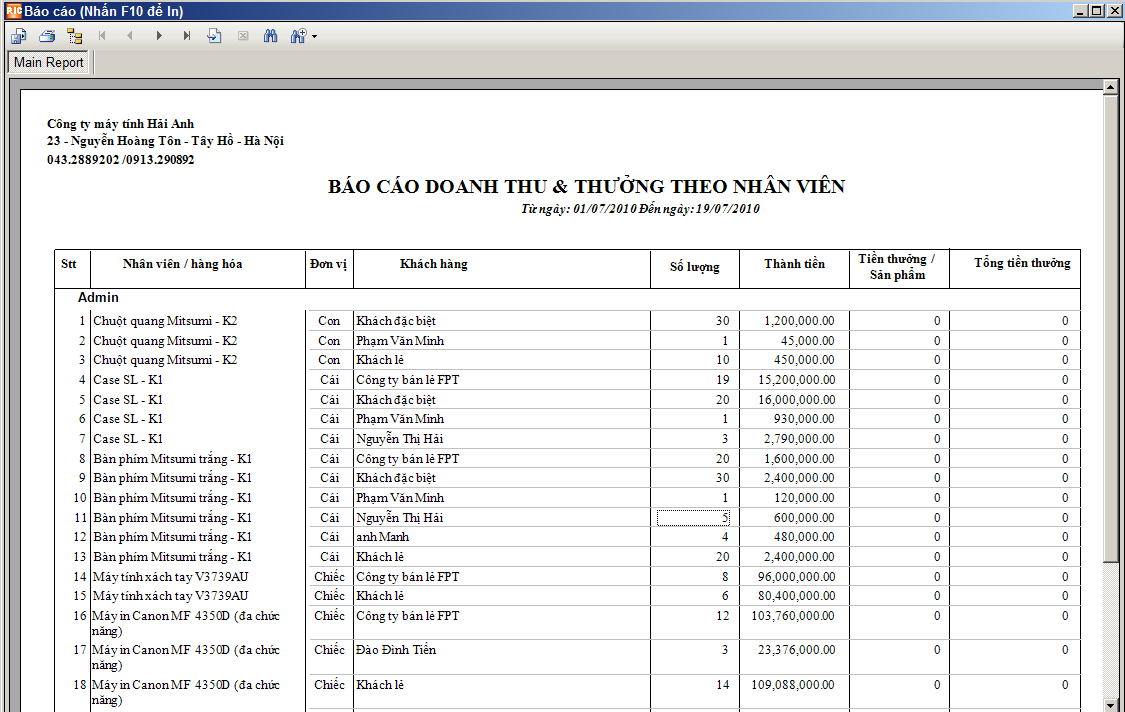 báo cáo doanh thu bán hàng của nhân viên