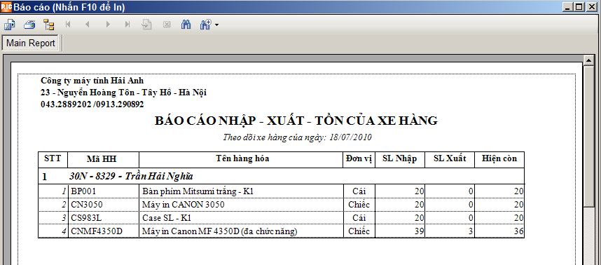 b&aacute;o c&aacute;o nhập xuất tồn của xe h&agrave;ng