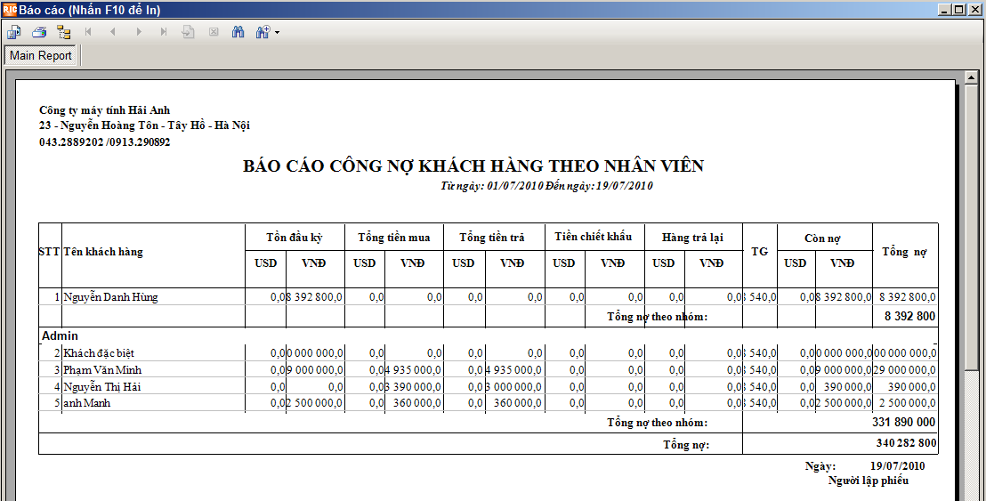 báo cáo công nợ của khách hàng theo nhân viên