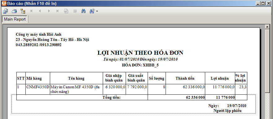 b&aacute;o c&aacute;o lợi nhuận theo h&oacute;a đơn